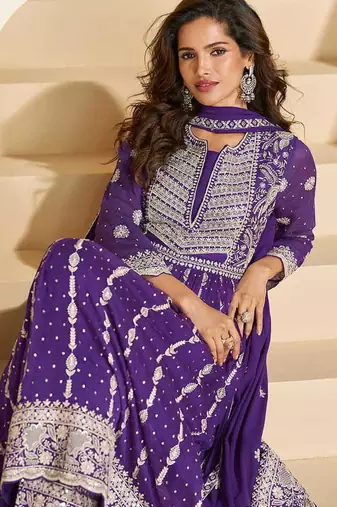 Purple georgette embroidered palazzo suit 