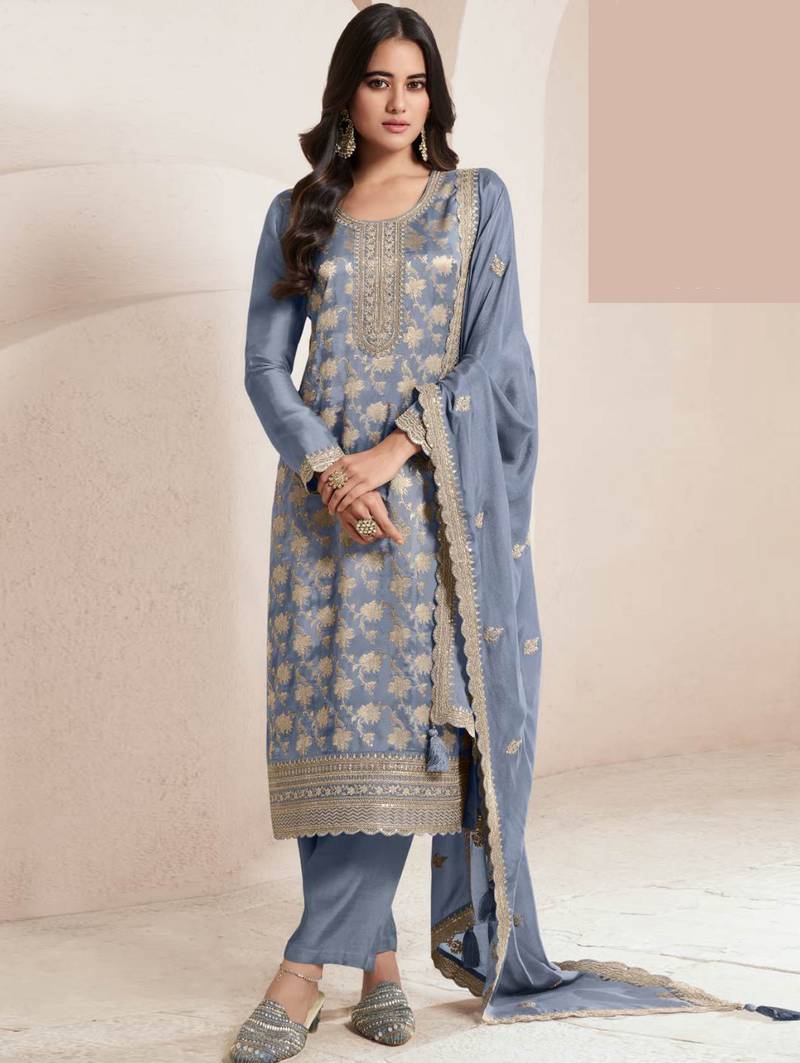 Light grey lotus silk jacquard salwar suit