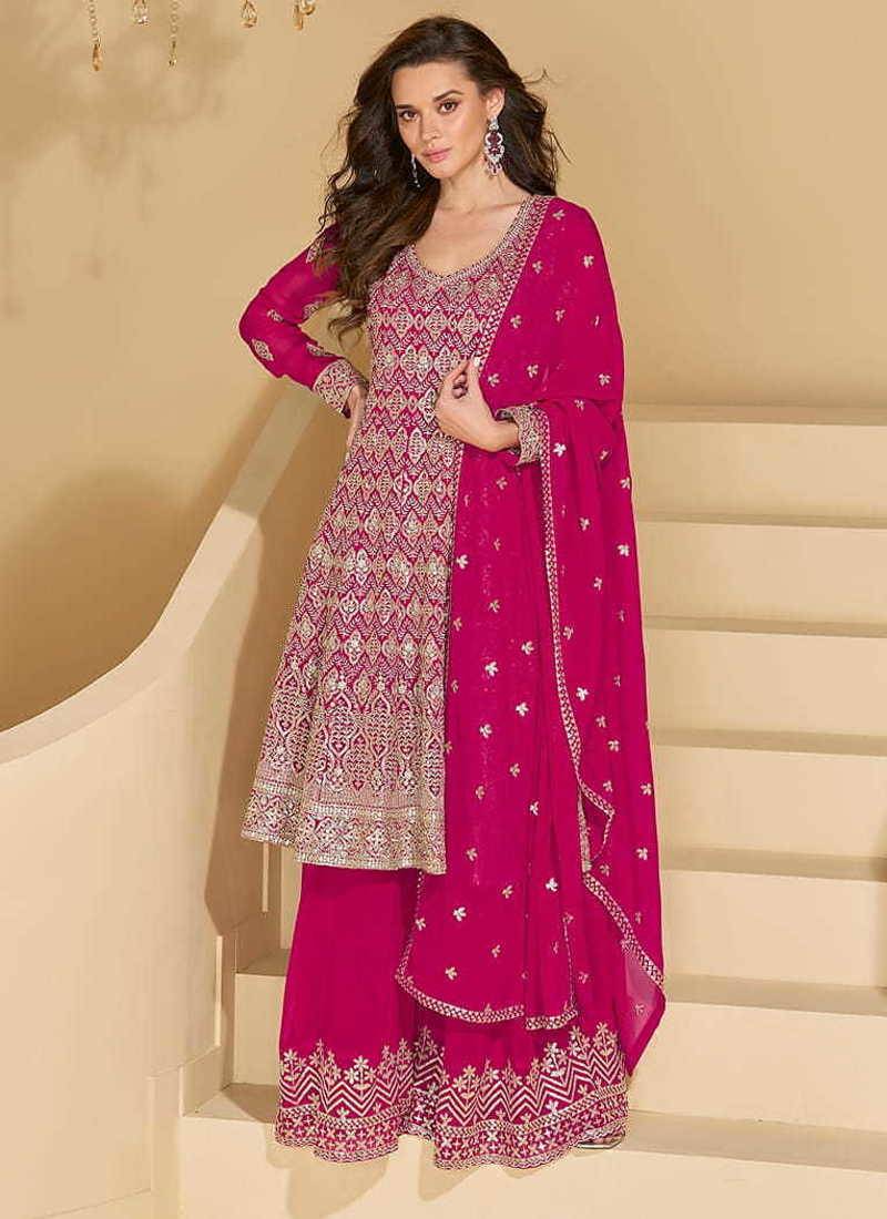 Rani pink georgette embroidered palazzo suit 