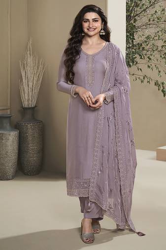 Lavender color silk embroidered salwar suit