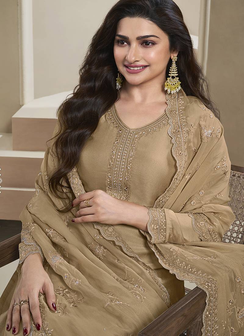 Beige color silk embroidered salwar suit