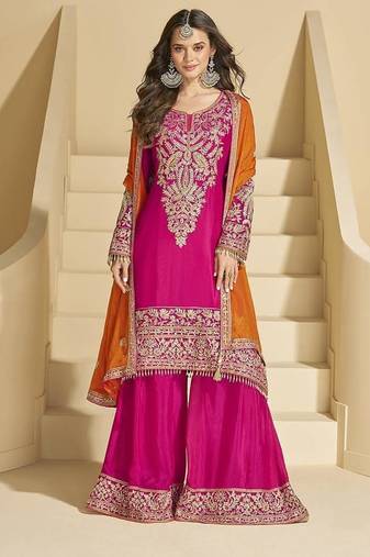 Dark pink color chinon palazzo suit 