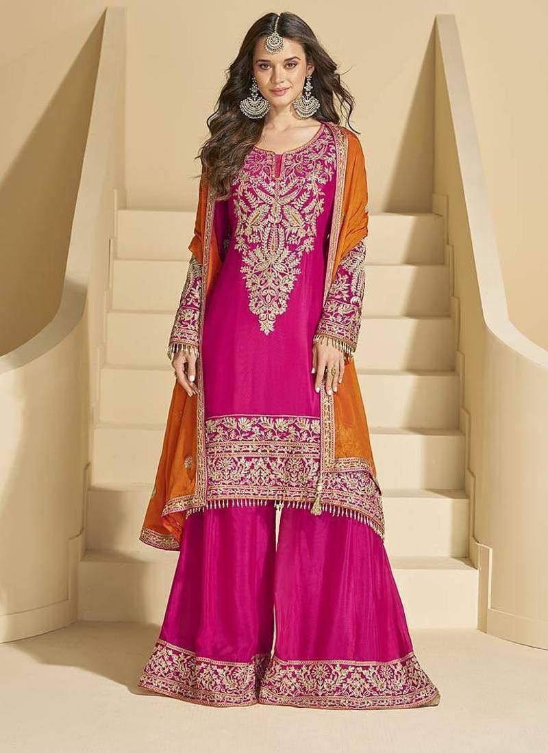 Dark pink color chinon palazzo suit 