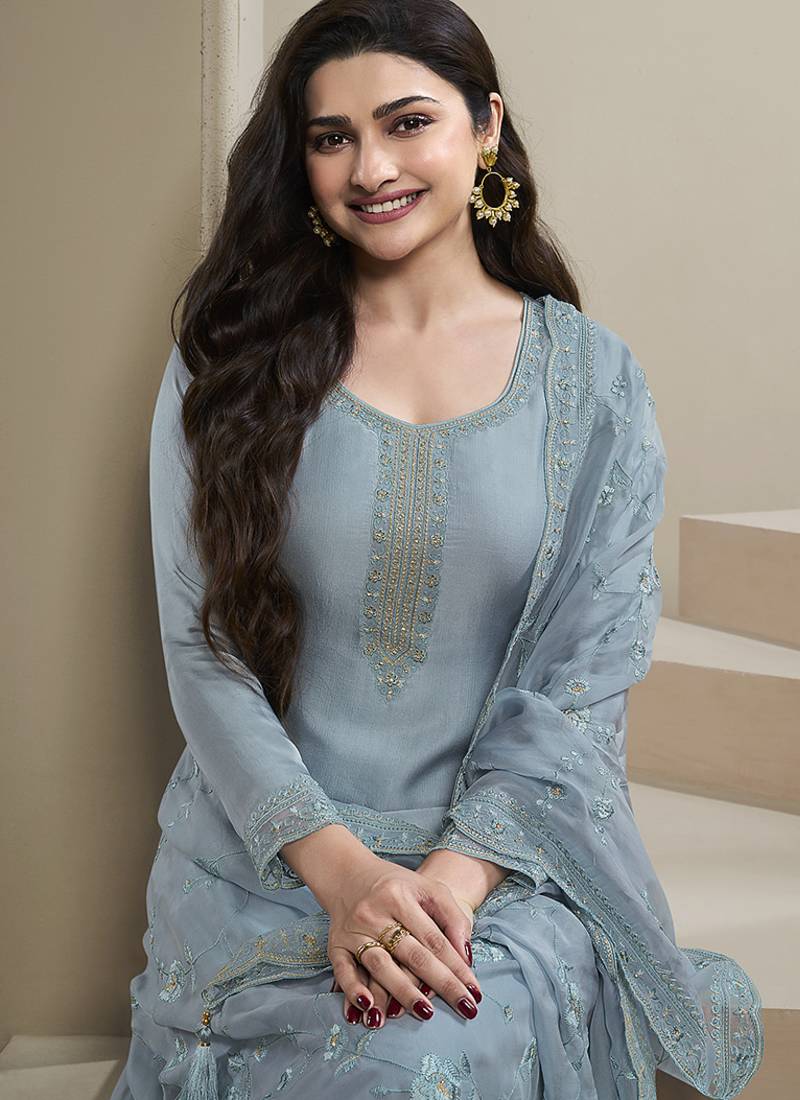 Aqua blue color silk embroidered salwar suit