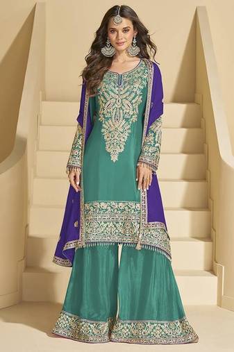 Turquoise color chinon palazzo suit 