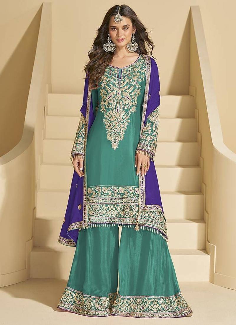 Turquoise color chinon palazzo suit 
