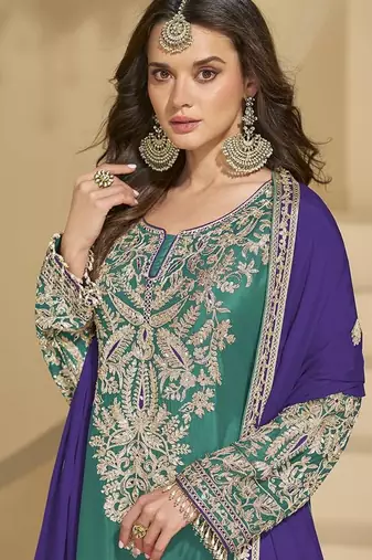 Turquoise color chinon palazzo suit 