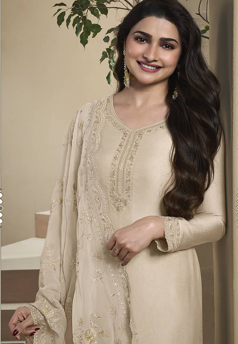 Cream color silk embroidered salwar suit
