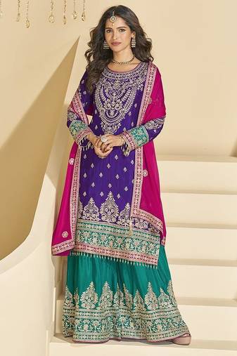 Navy blue color chinon palazzo suit 