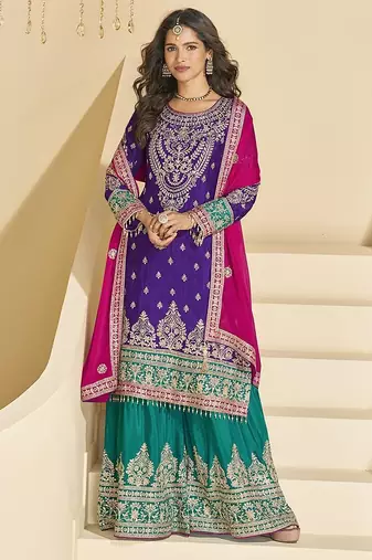 Navy blue color chinon palazzo suit 