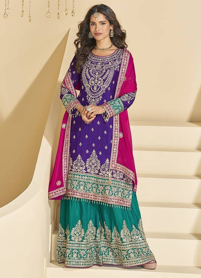 Navy blue color chinon palazzo suit 