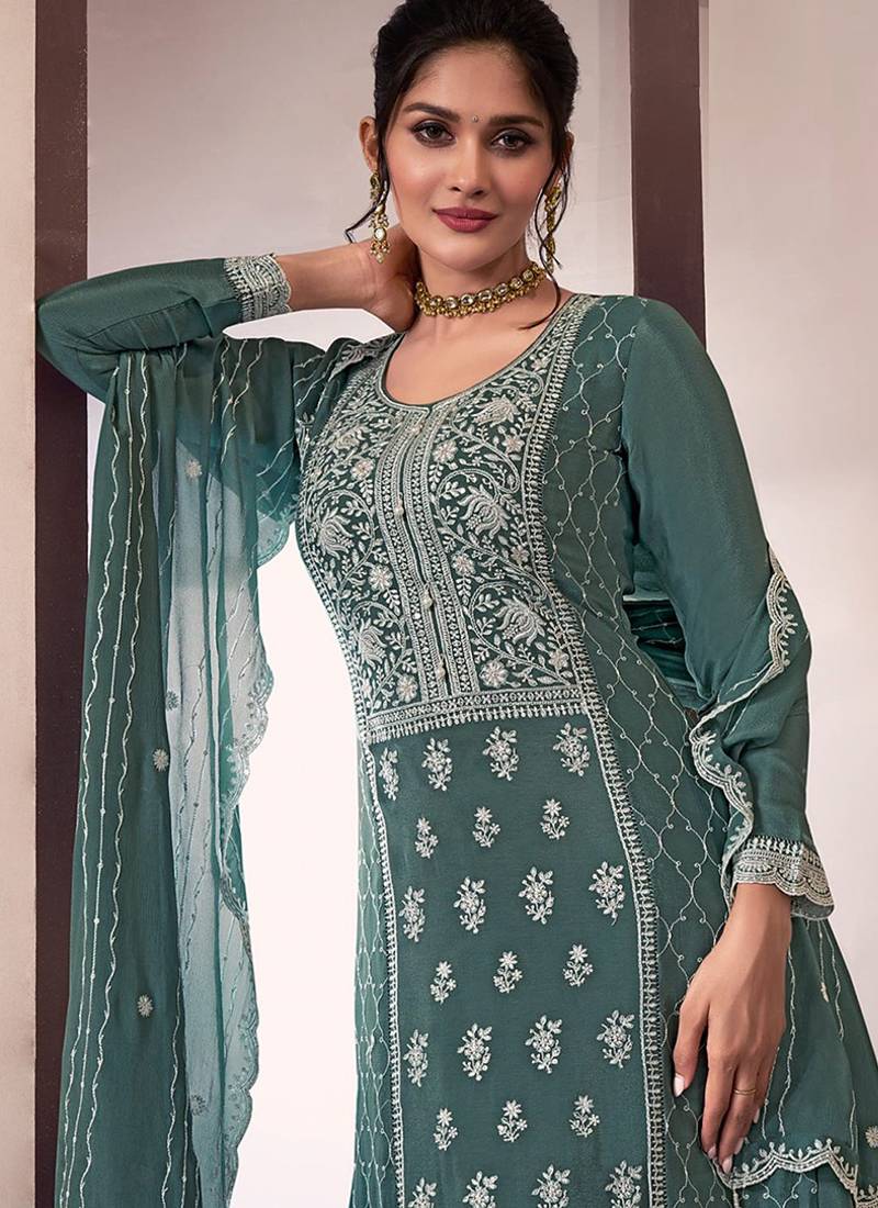 Teal green sequin and thread embroidery palazzo suit 