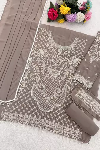 Light grey georgette embroidered suit