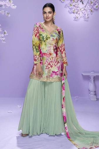 Pista green printed chinon silk suit 