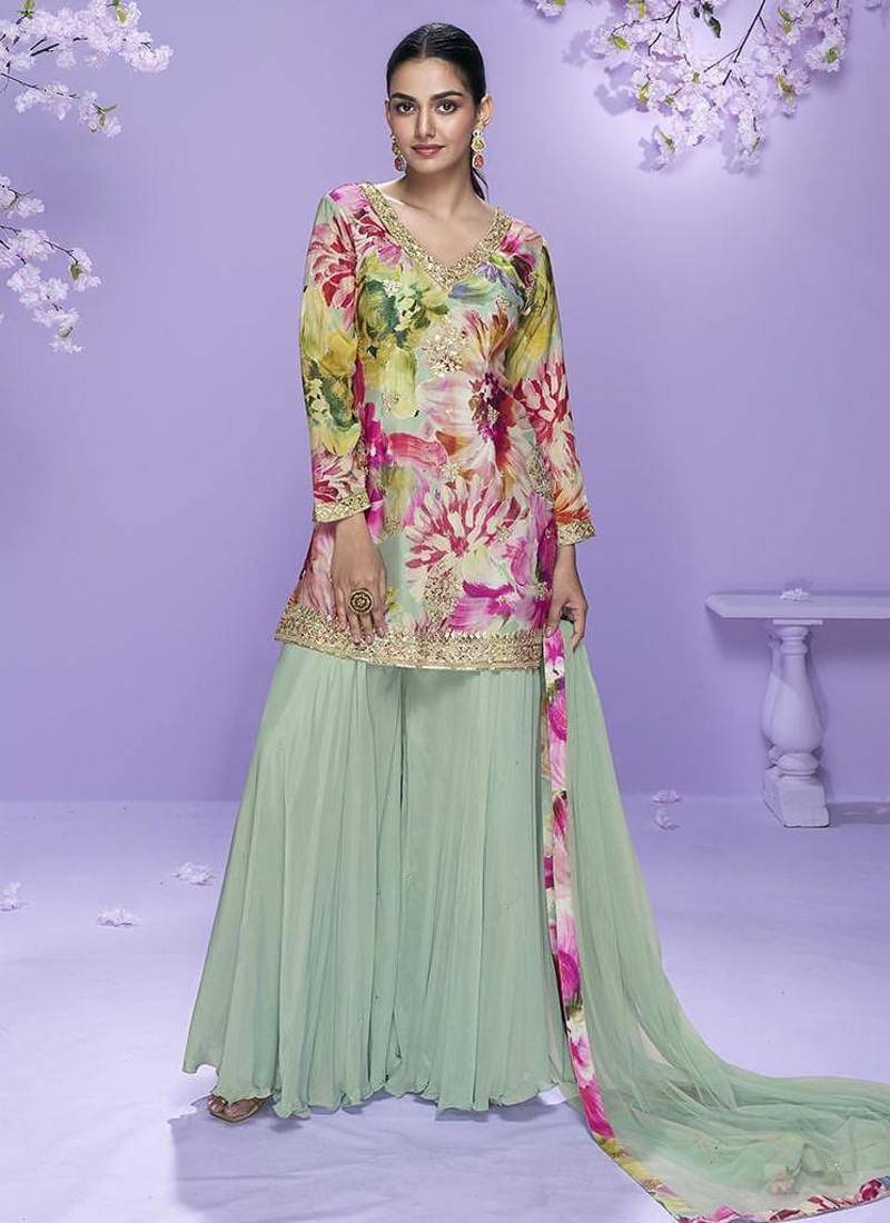 Pista green printed chinon silk suit 