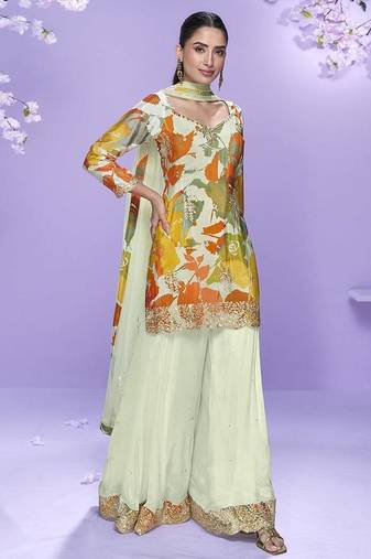 Off white printed chinon silk suit 