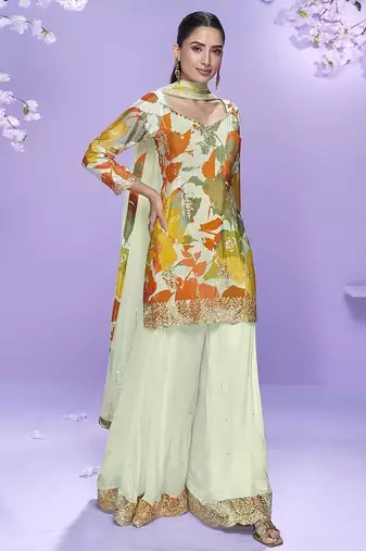 Off white printed chinon silk suit 