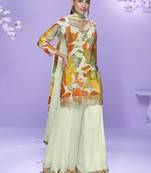 Off white printed chinon silk suit 