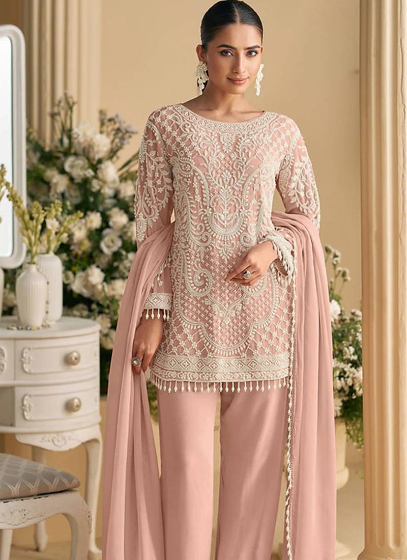 Light pink georgette embroidered suit