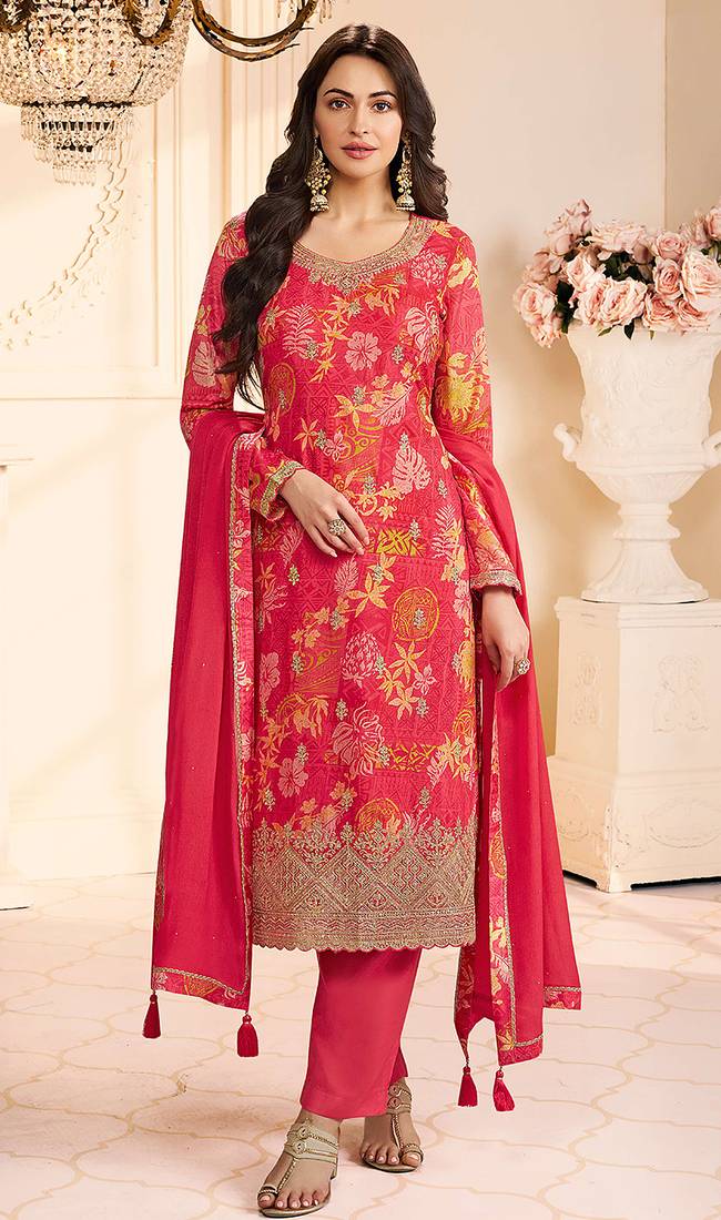 Light red chinon silk embroidered salwar kameez 