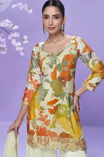 Off white printed chinon silk suit 