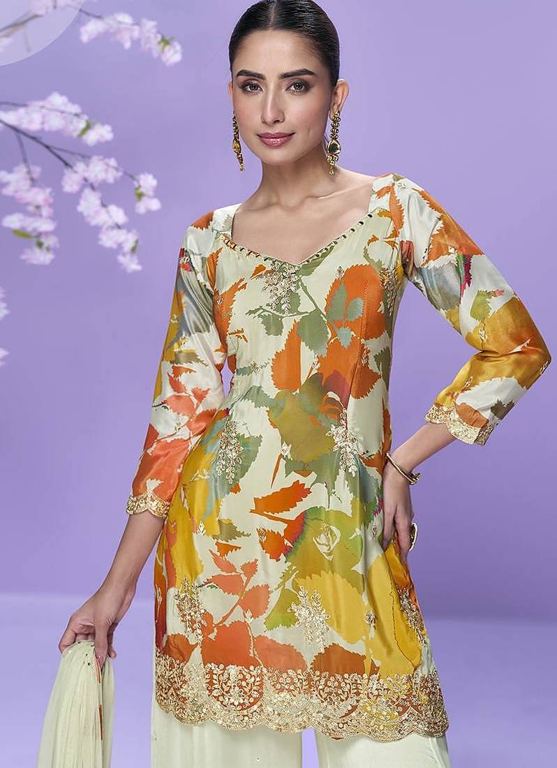 Off white printed chinon silk suit 