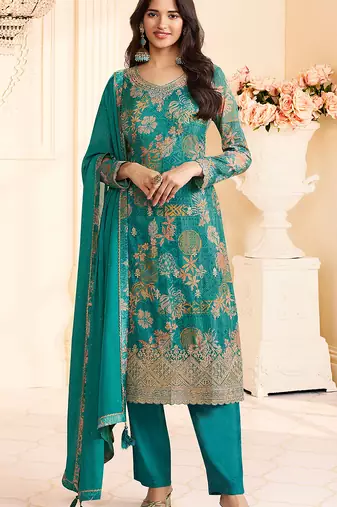 Turquoise chinon silk printed and embroidered salwar kameez 