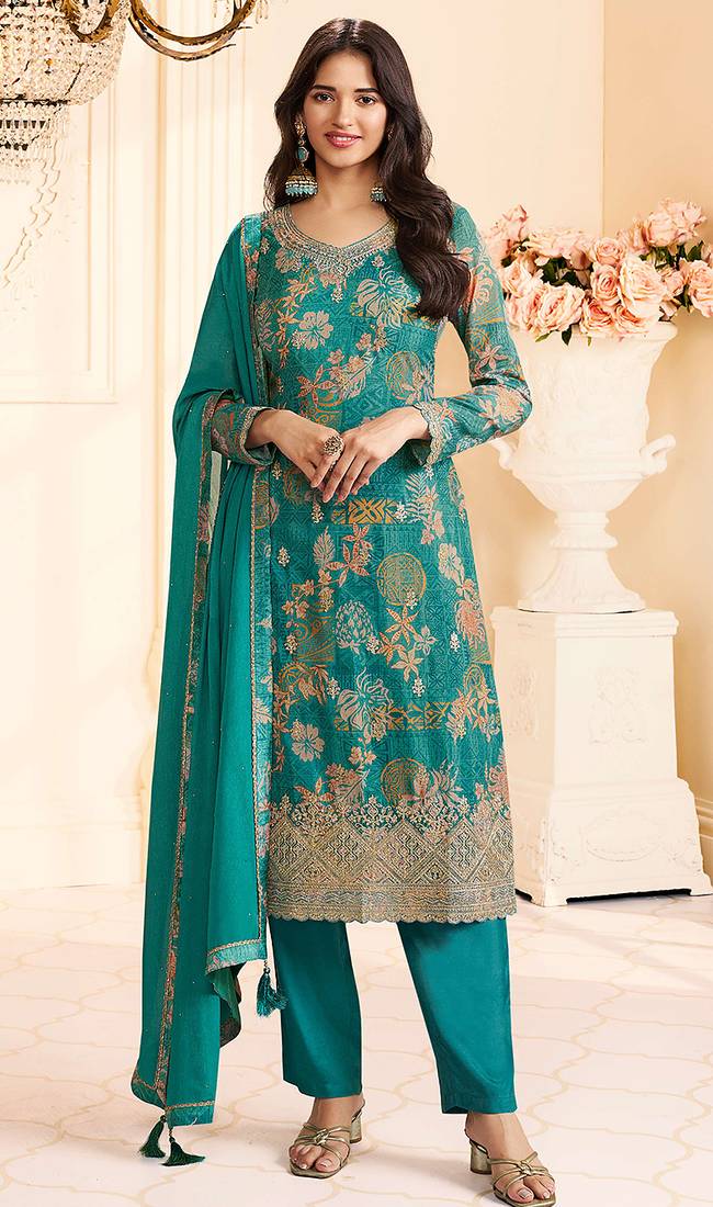 Turquoise chinon silk embroidered salwar kameez 