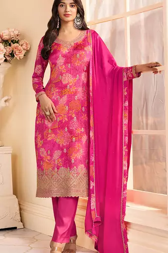 Rani pink chinon silk printed and embroidered salwar kameez 