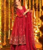 Women's silk floral embroidered anarkali kurta palazzo with dupatta set