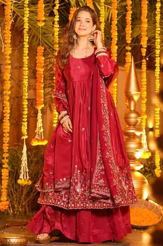 Women's silk floral embroidered anarkali kurta palazzo with dupatta set