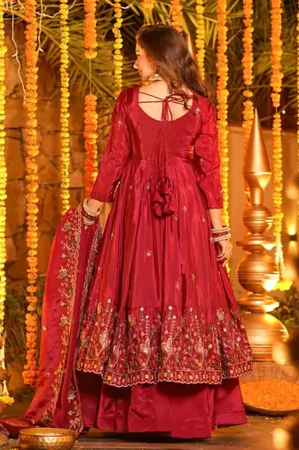 Women's silk floral embroidered anarkali kurta palazzo with dupatta set