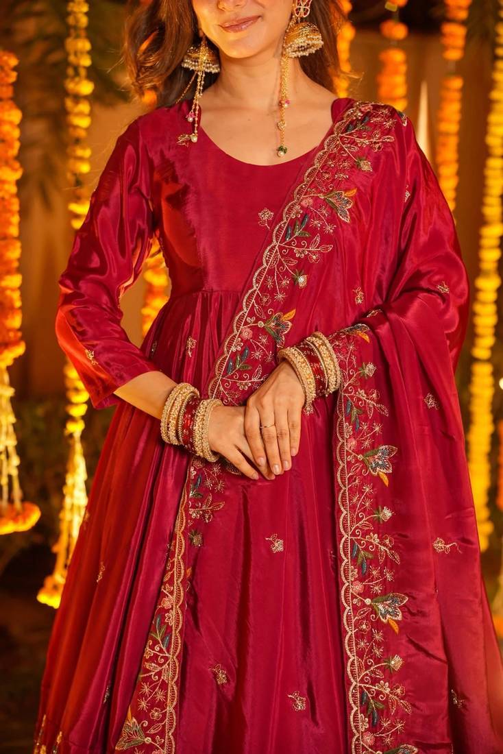 Women's silk floral embroidered anarkali kurta palazzo with dupatta set