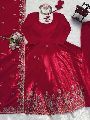 Women's silk floral embroidered anarkali kurta palazzo with dupatta set 5