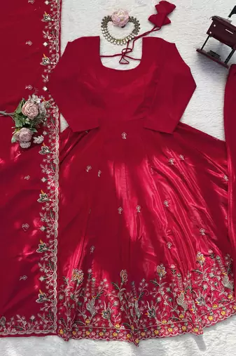 Women's silk floral embroidered anarkali kurta palazzo with dupatta set