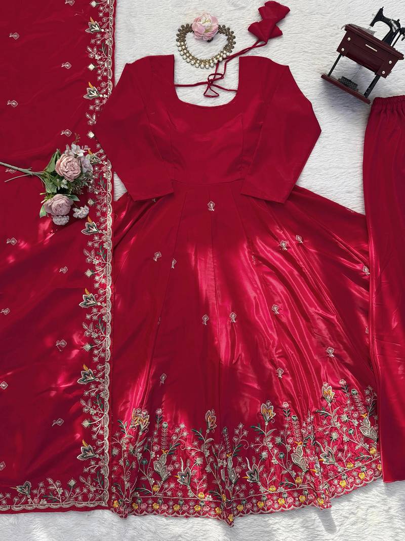 Women's silk floral embroidered anarkali kurta palazzo with dupatta set