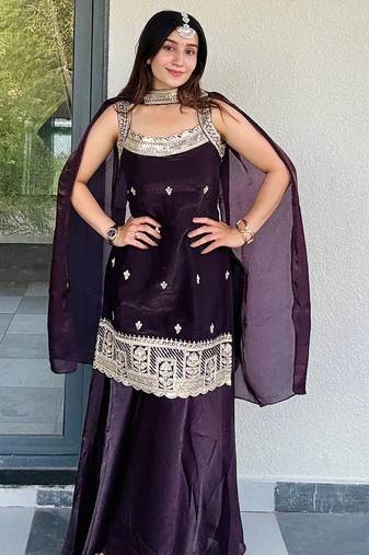 Women's shimmer silk sequins embroidered kurta palazzo with dupatta set