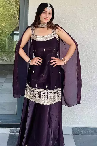 Women's shimmer silk sequins embroidered kurta palazzo with dupatta set