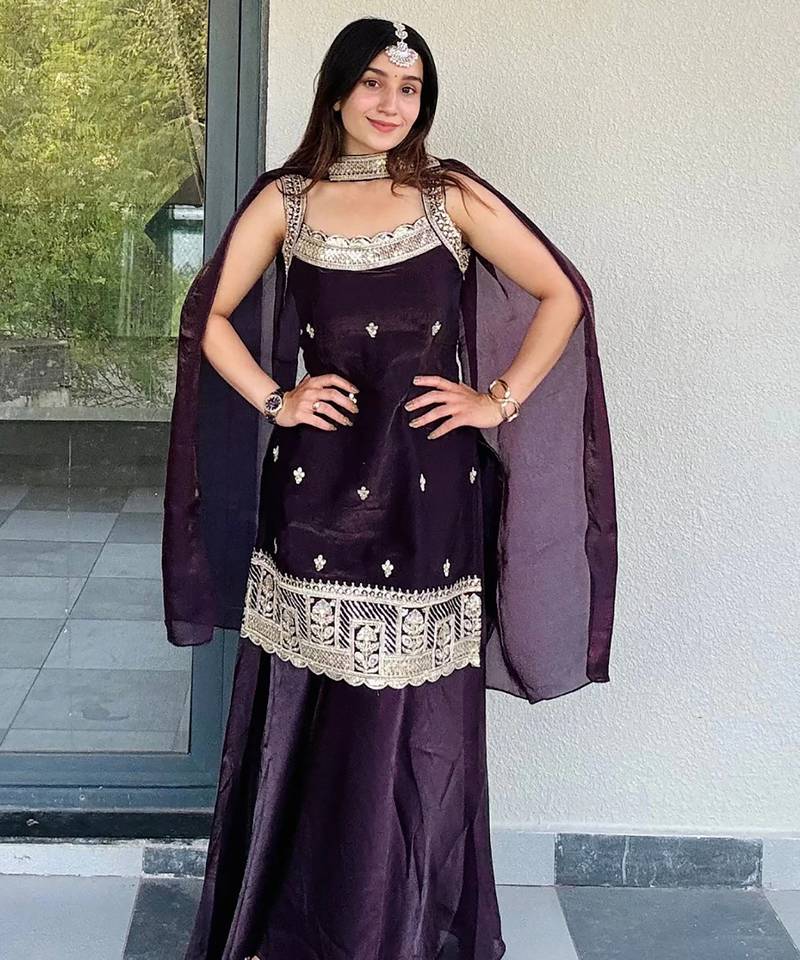 Women's shimmer silk sequins embroidered kurta palazzo with dupatta set
