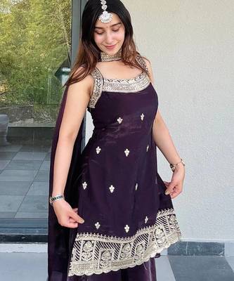 Women's shimmer silk sequins embroidered kurta palazzo with dupatta set 2
