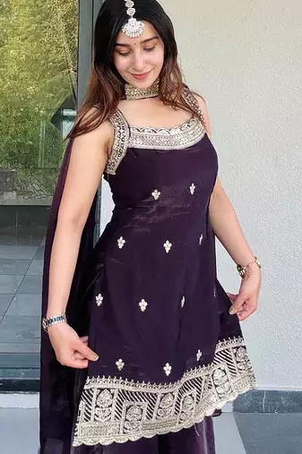 Women's shimmer silk sequins embroidered kurta palazzo with dupatta set