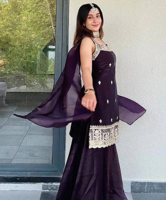 Women's shimmer silk sequins embroidered kurta palazzo with dupatta set 3