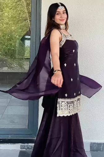 Women's shimmer silk sequins embroidered kurta palazzo with dupatta set
