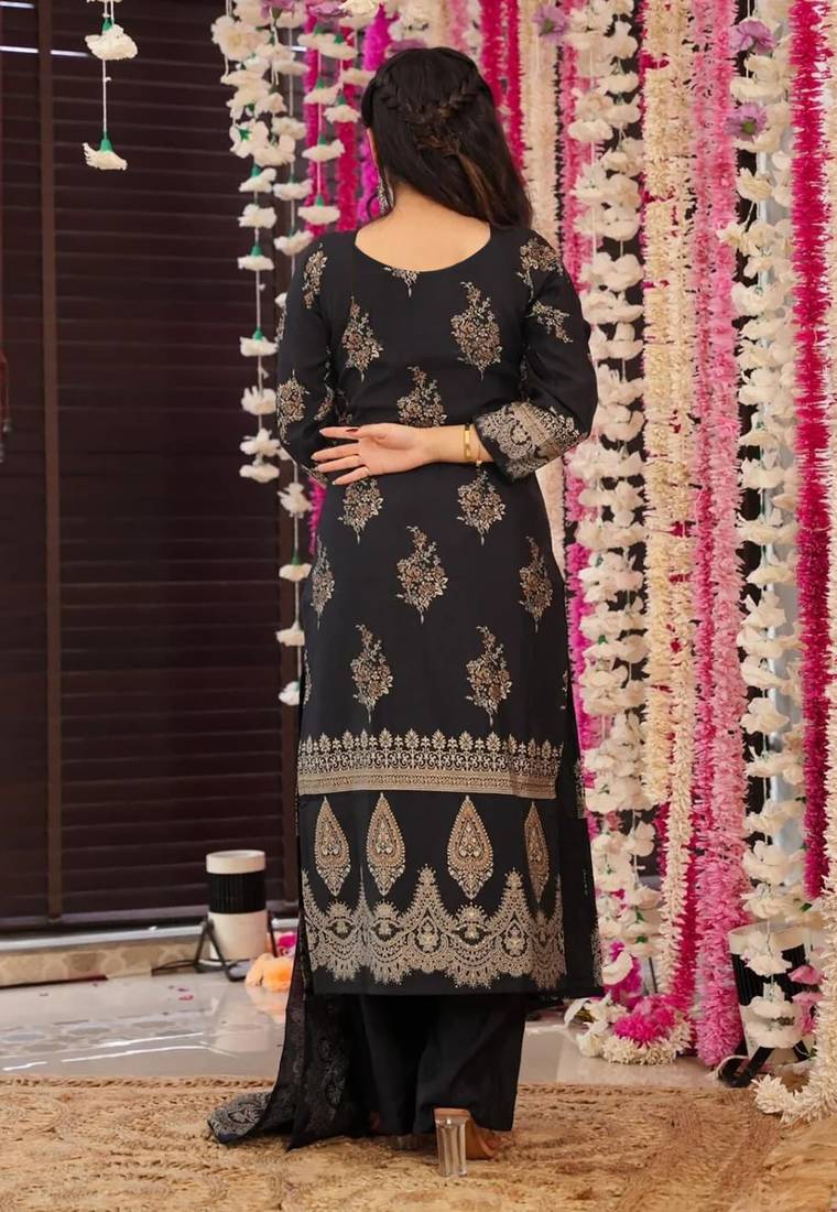 Women's cotton blend traditional motiff printed kurta palazzo with dupatta set