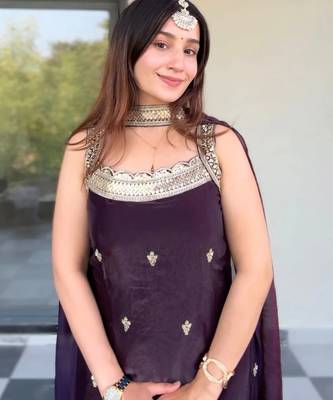 Women's shimmer silk sequins embroidered kurta palazzo with dupatta set 5