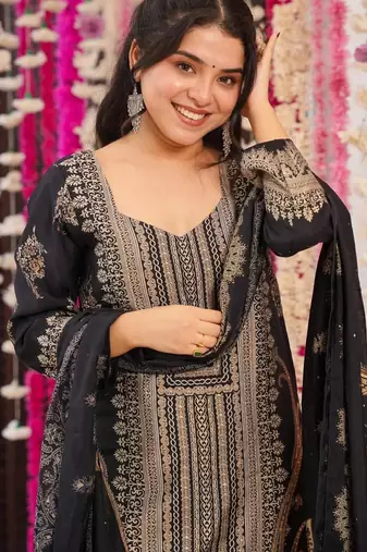 Women's cotton blend traditional motiff printed kurta palazzo with dupatta set