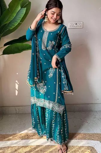 Women's georgette floral motiff embroidered kurta sharara with dupatta set