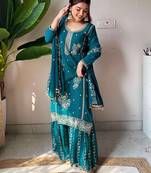 Women's georgette floral motiff embroidered kurta sharara with dupatta set