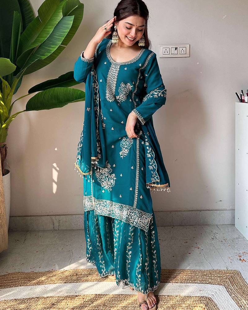 Women's georgette floral motiff embroidered kurta sharara with dupatta set