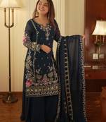 Women's georgette traditional motiff embroidered kurta palazzo with dupatta set